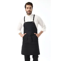 Barista Askılı Önlük Kanguru Cepli - Siyah