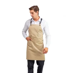 Barista Askılı Önlük Tek Cepli Deri Kemerli - Bej