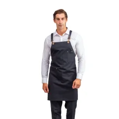 Barista Askılı Önlük Tek Cepli Deri Kemerli - Siyah