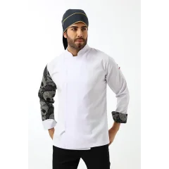 Erkek Likralı Kol Desenli Aşçı Ceket - 6401 Beyaz Kuru Kafa