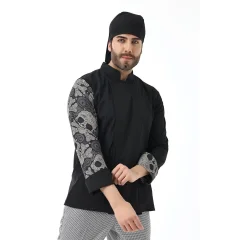 Erkek Likralı Kol Desenli Aşçı Ceket - 6403 Siyah Kuru Kafa