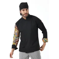 Erkek Likralı Kol Desenli Aşçı Ceket - 6403 Siyah Renkli Daire