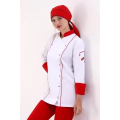 Kadın Aşçı Ceket 01 - Beyaz-Kırmızı Biye