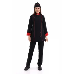 Kadın Aşçı Ceket 01 - Siyah Kırmızı Biye