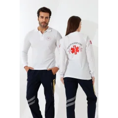 Paramedik Yakalı Unisex Tshirt Uzun Kol - Beyaz