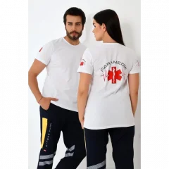Paramedik Yuvarlak Yaka Penye Kısa Kol Tshirt - Beyaz