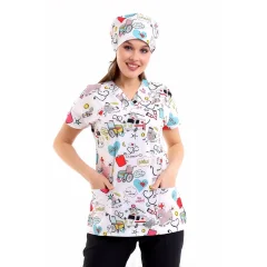 Yarasa Kol Dijital Unisex Desenli Üst - 6503 Beyaz Stetoskop