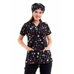 Yarasa Kol Dijital Unisex Desenli Üst - 6506 Siyah Yıldız Kalp