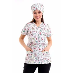 Yarasa Kol Dijital Unisex Desenli Üst - 6518 Beyaz Sağlık Sembolleri