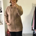 Camel Rengi Fermuarlı Kapüşonlu Hırka