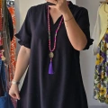 Siyah V Yaka Kısa Kollu Kloş Elbise