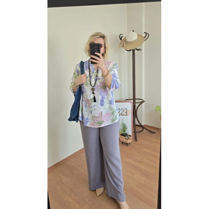 Lila Pastel Çiçekli Bluz
