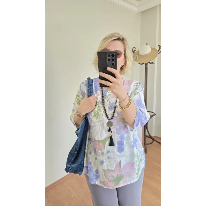 Lila Pastel Çiçekli Bluz