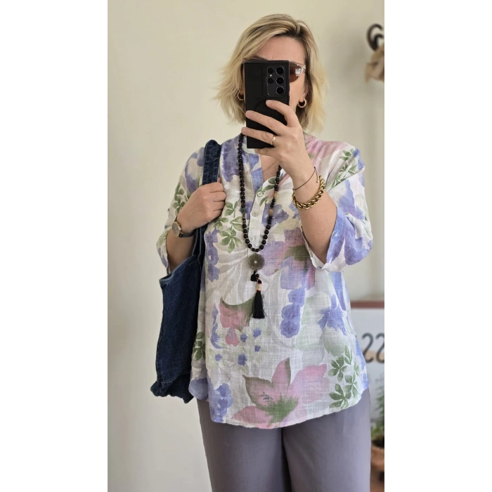 Lila Pastel Çiçekli Bluz