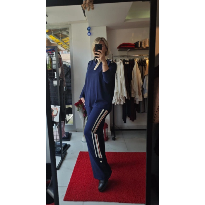 Lacivert Şerit Detaylı Polo Takım
