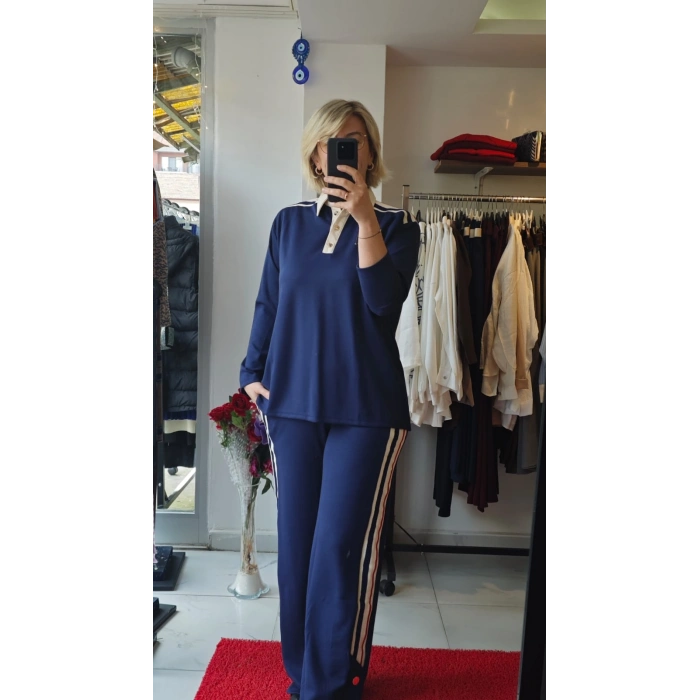 Lacivert Şerit Detaylı Polo Takım