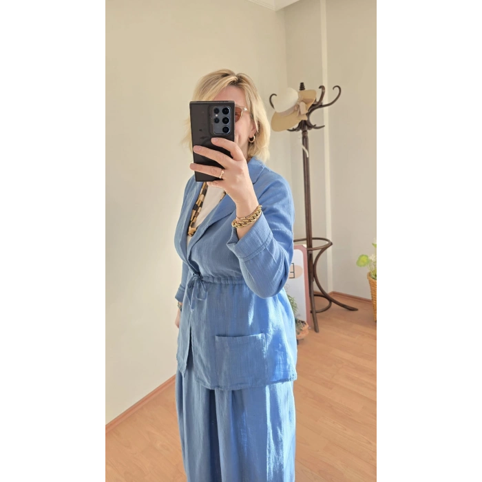 Mavi Beli Bağlamalı Keten Ceket