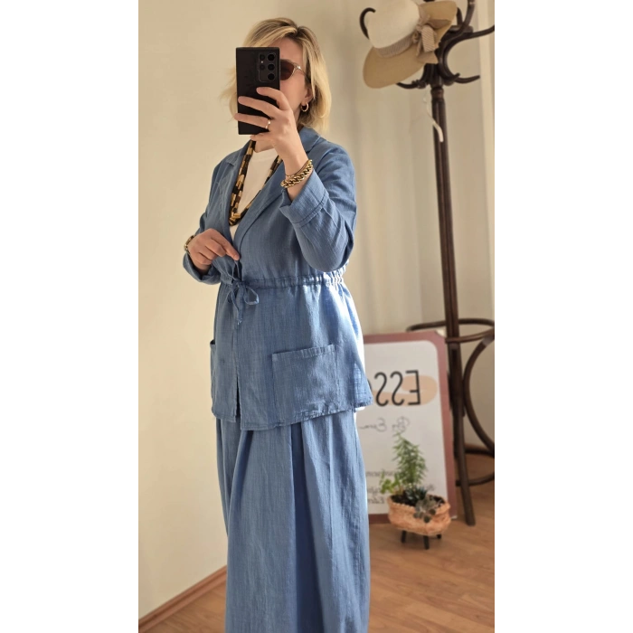 Mavi Beli Bağlamalı Keten Ceket