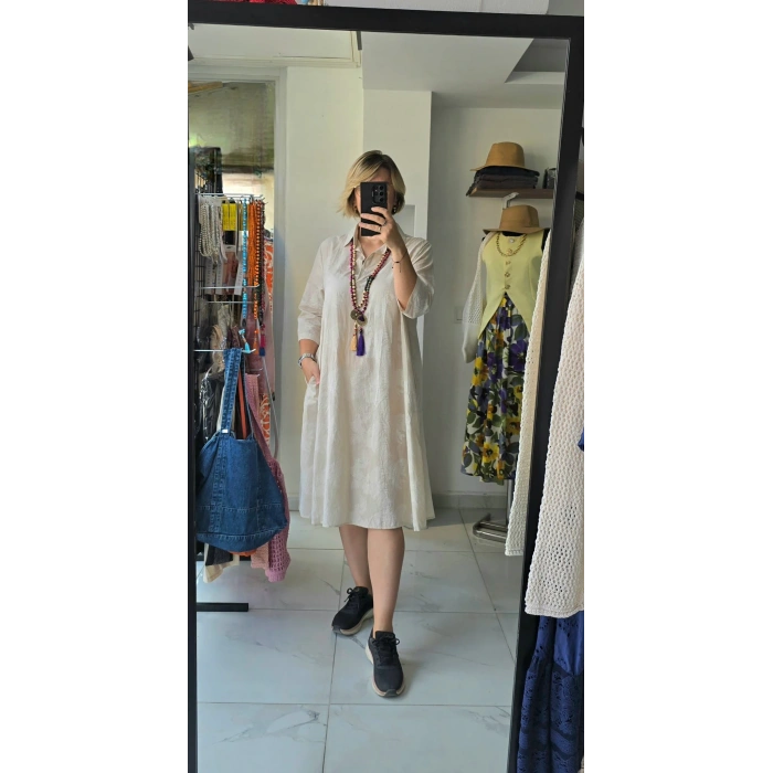 Açık Bej Kısa Kollu Gömlek Elbise