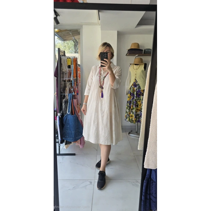 Açık Bej Kısa Kollu Gömlek Elbise