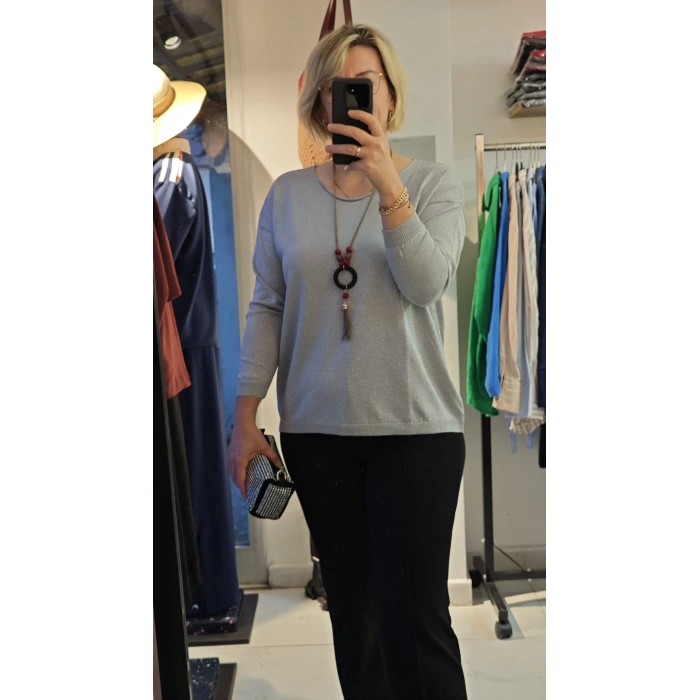 Açık Gri Simli Bluz