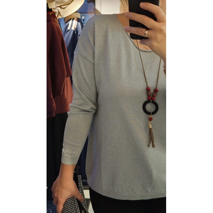 Açık Gri Simli Bluz