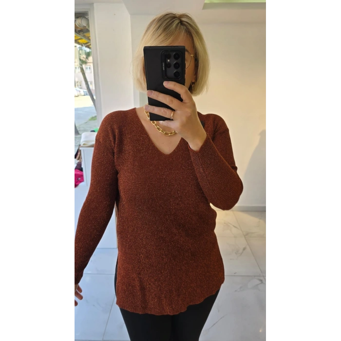 Bakır Simli V Yaka Triko