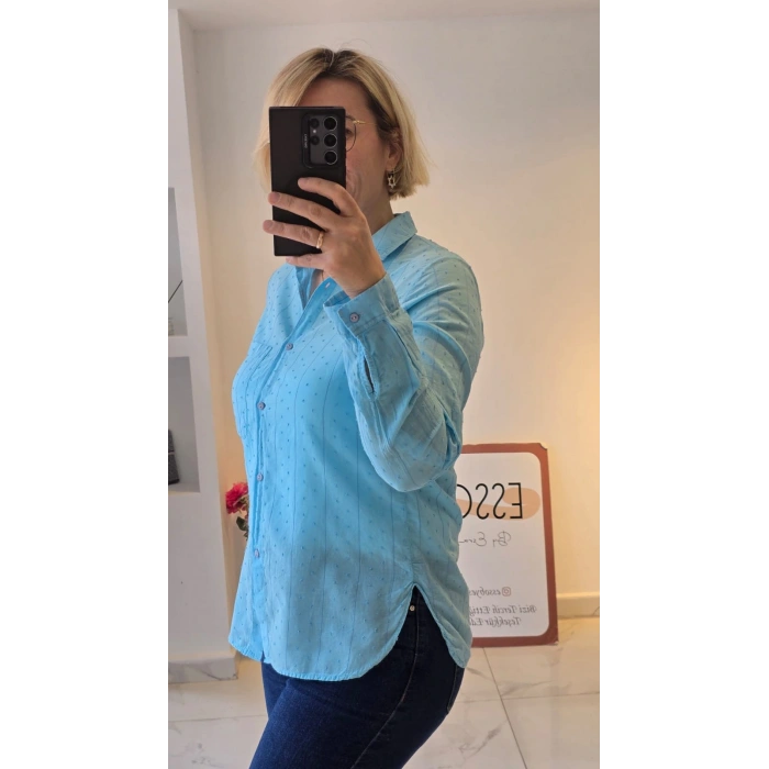 Bebek Mavisi Puantiye Desenli Gömlek