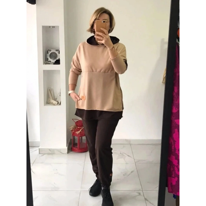 Bej Kahve Kapüşonlu Sweat Takım