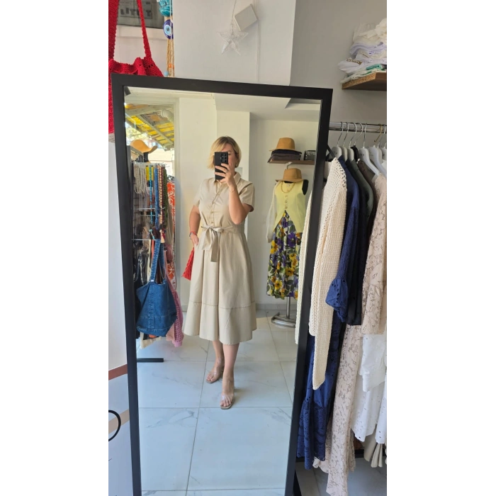 Bej Kuşaklı Gömlek Yaka Midi Elbise