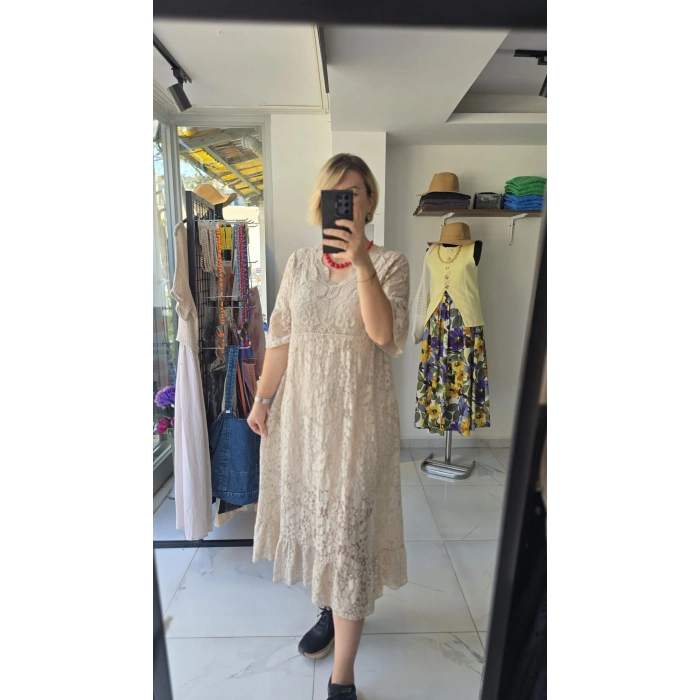 Bej Örme Üst Detaylı Maxi Elbise