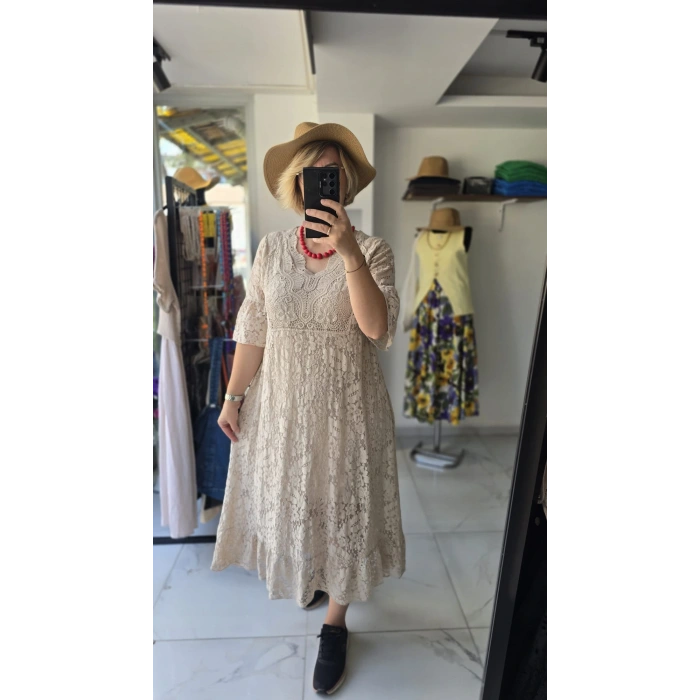 Bej Örme Üst Detaylı Maxi Elbise