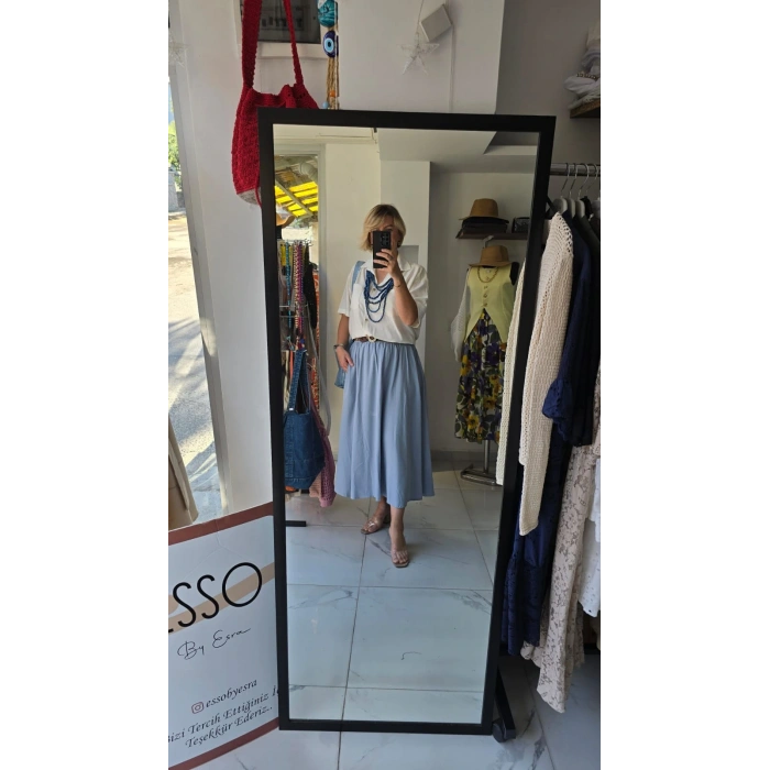 Açık Mavi Lastikli Midi Etek