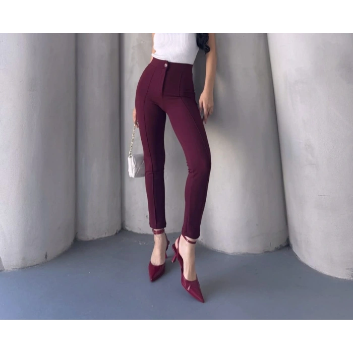Bordo Yüksek Bel Skinny Pantolon