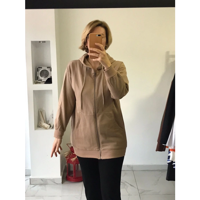 Camel Rengi Fermuarlı Kapüşonlu Hırka