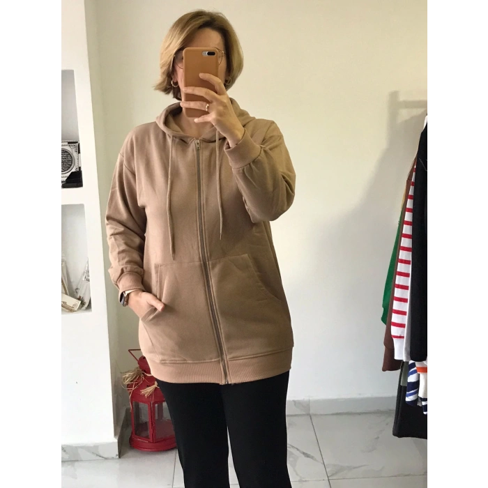 Camel Rengi Fermuarlı Kapüşonlu Hırka