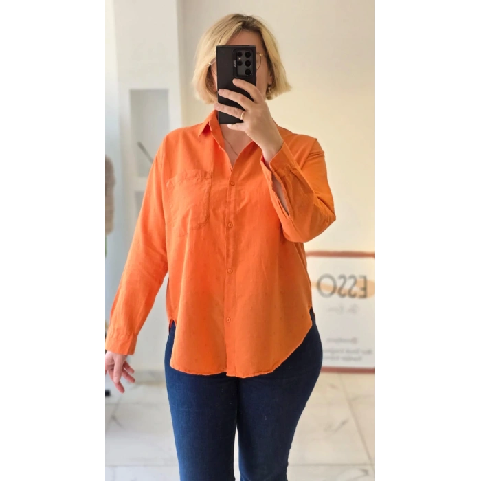 Canlı Turuncu Cepli Basic Gömlek
