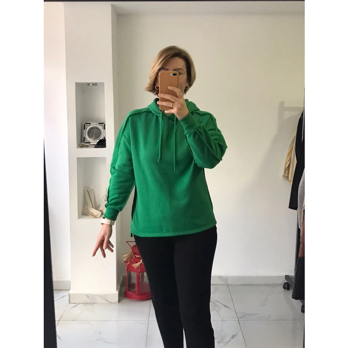 Canlı Yeşil Dikiş Detaylı Kapüşonlu Sweatshirt