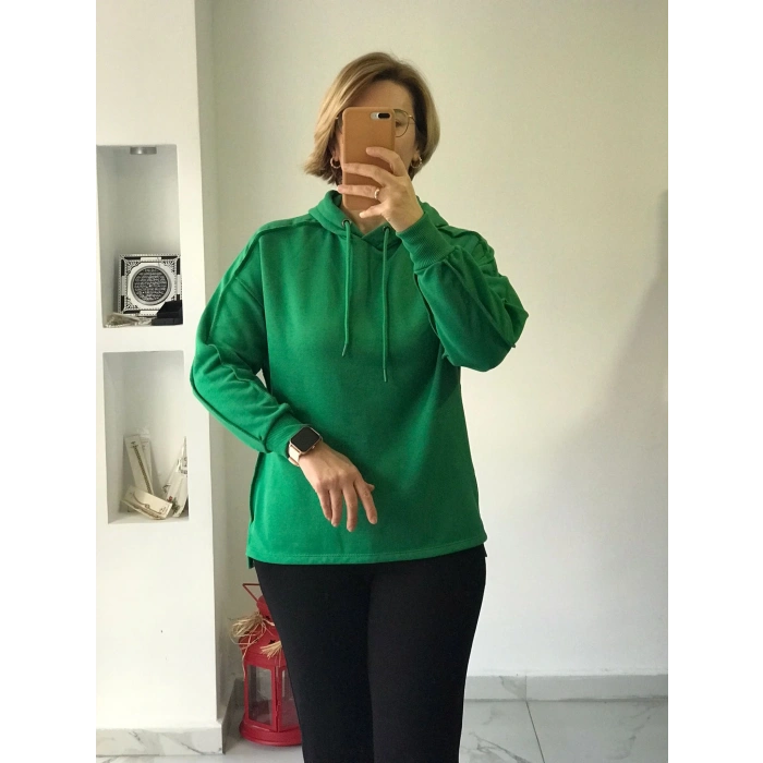 Canlı Yeşil Dikiş Detaylı Kapüşonlu Sweatshirt