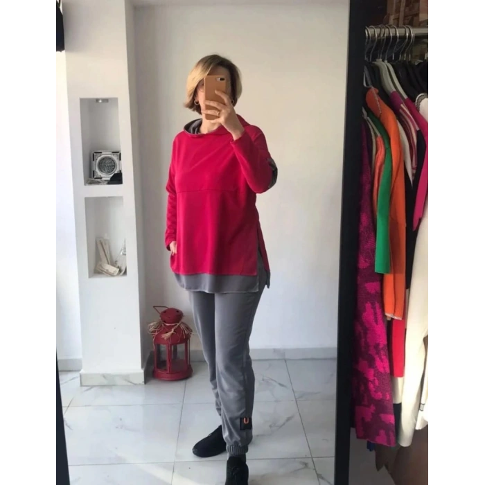 Fuşya Gri Kapüşonlu Sweat Takım