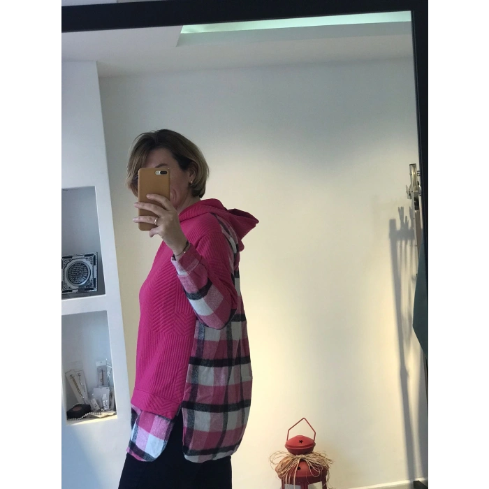 Fuşya Kapüşonlu Katmanlı Sweatshirt