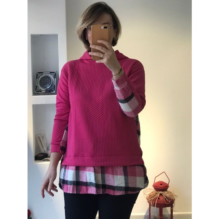 Fuşya Kapüşonlu Katmanlı Sweatshirt
