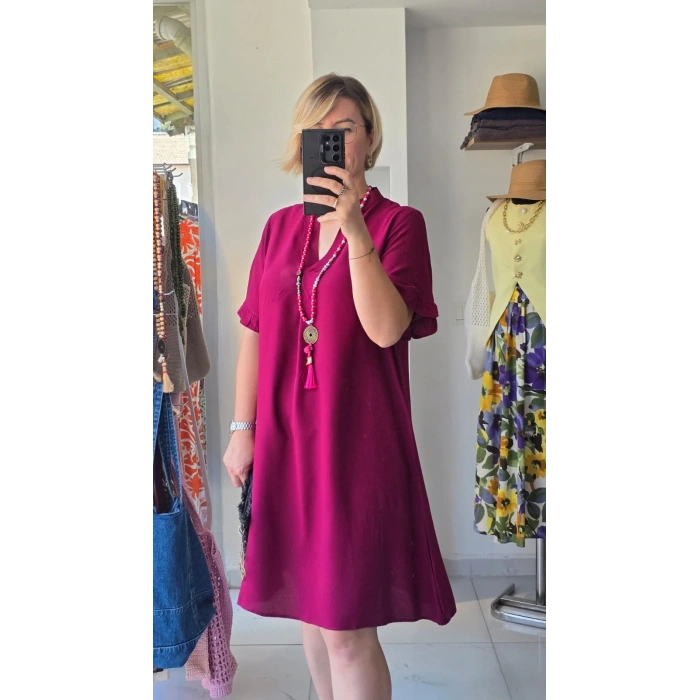 Fuşya V Yaka Kloş Elbise