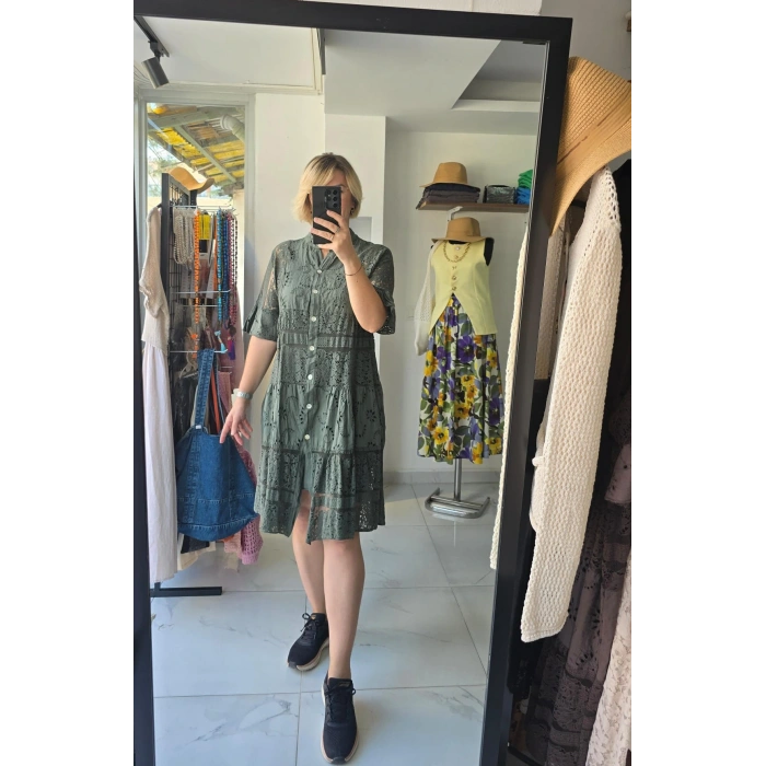 Haki Ajur İşlemeli Katmanlı Elbise