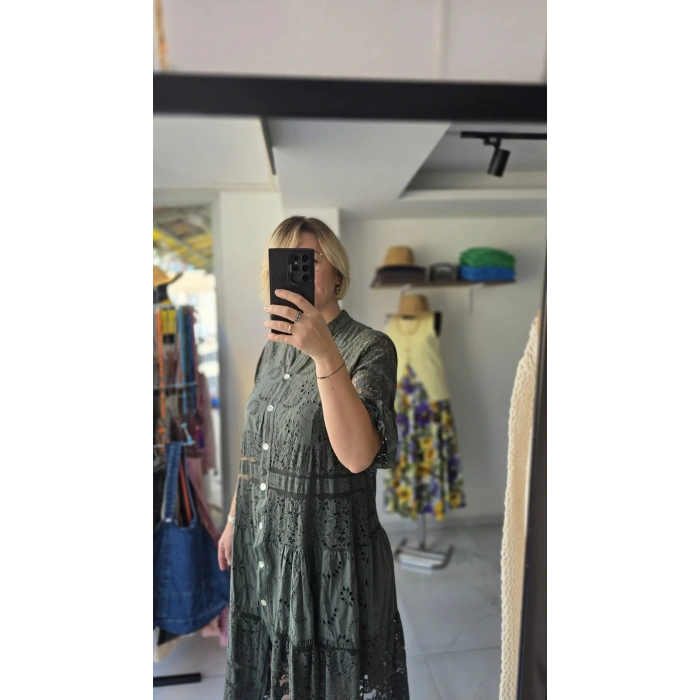 Haki Ajur İşlemeli Katmanlı Elbise