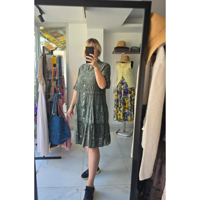 Haki Ajur İşlemeli Katmanlı Elbise