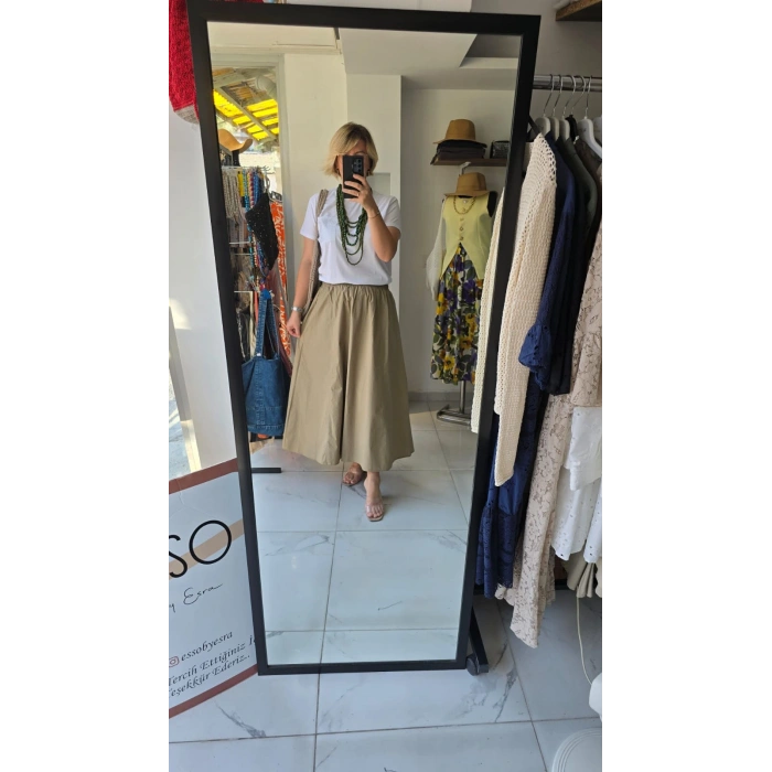 Haki Lastikli Midi Kloş Etek