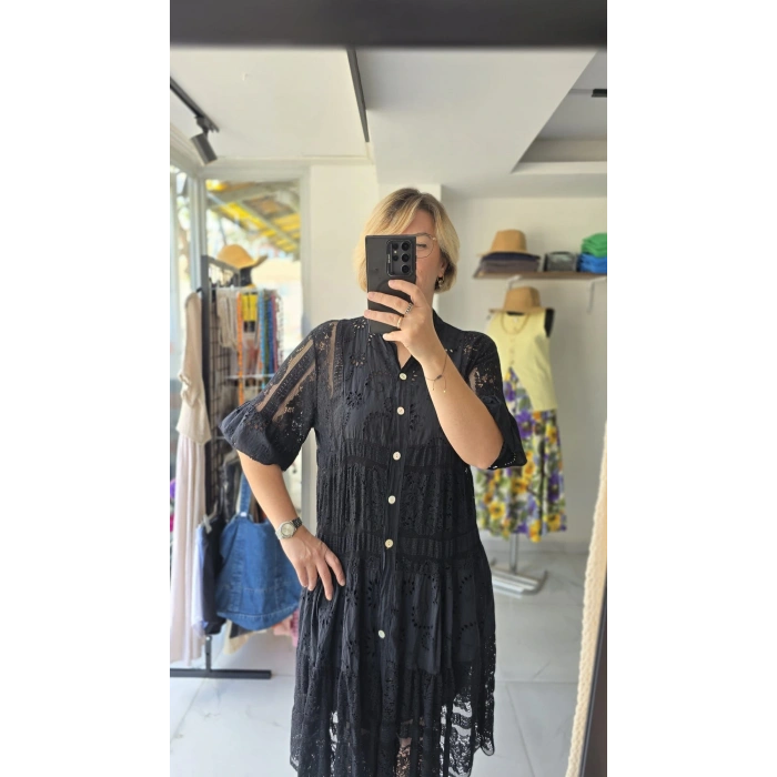 Kahverengi Ajur İşlemeli Midi Elbise