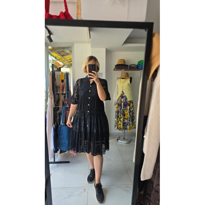 Kahverengi Ajur İşlemeli Midi Elbise