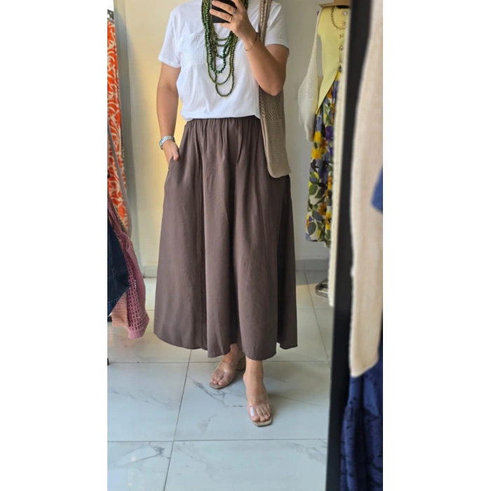 Kahverengi Lastikli Midi Kloş Etek